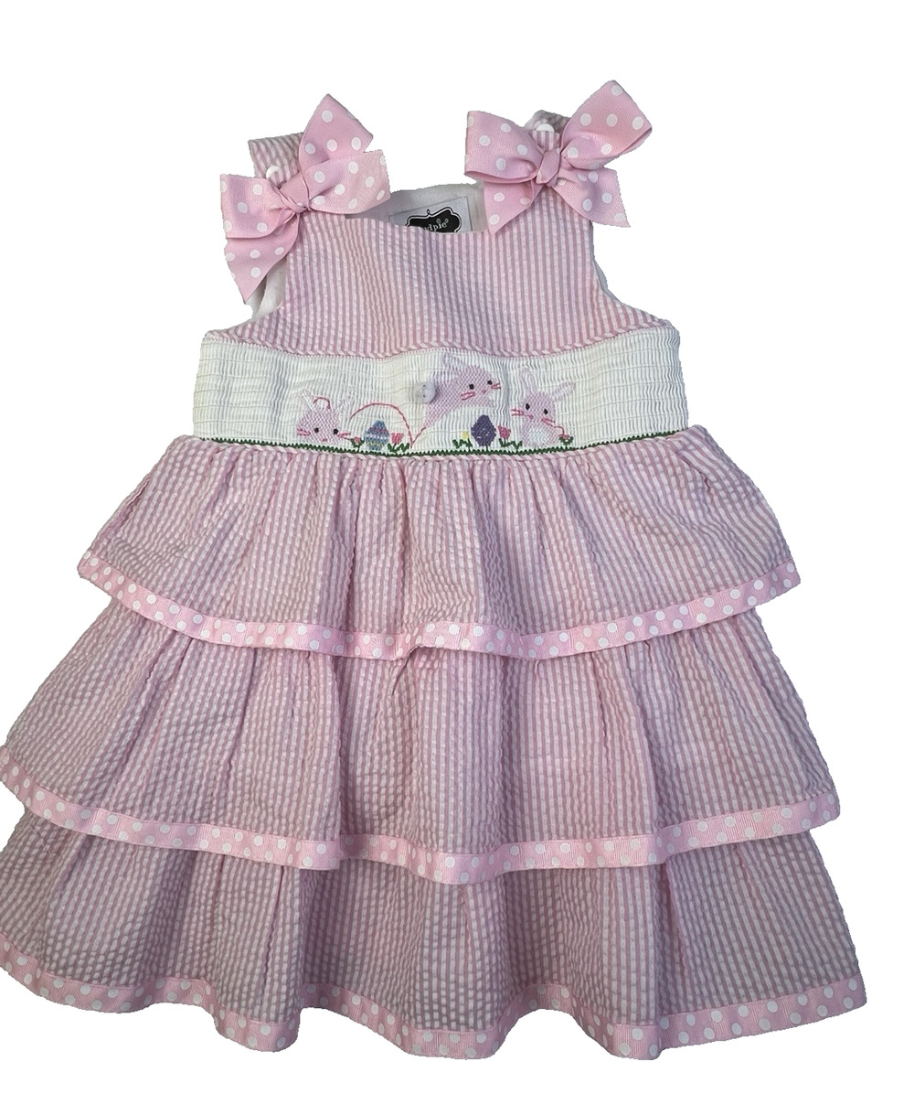 Mud Pie Smocked Easter Dress Girl 2 T Bunnies Pink Seersucker Sundress Ruffles